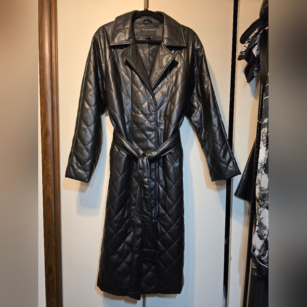 Bernardo Black Quilted Faux Leather Trench Coat